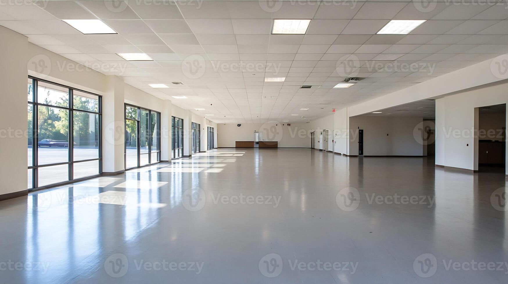 Spacious Empty Interior Room with Large Windows and Natural Light Illumination photo