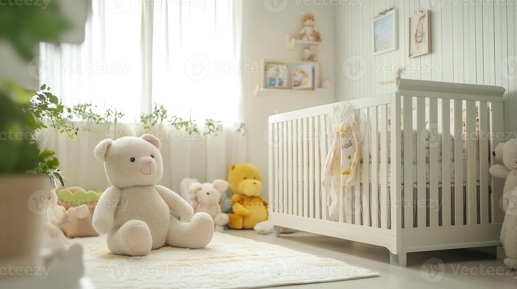 Cozy White Nursery Room with Teddy Bears and Crib Bathed in Natural Light photo