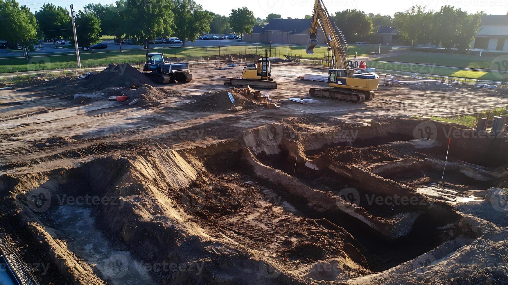 Aerial View of Construction Dig Site with Multiple Excavators and Trucks for Urban Development photo