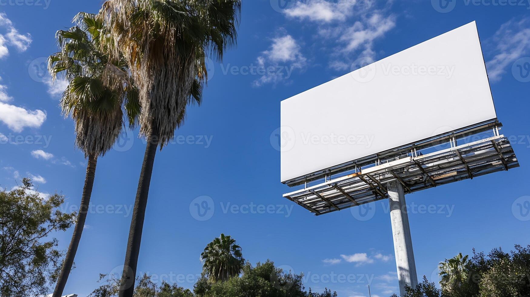Sunny Day with Blank White Billboard in Palm Tree Lined California Setting photo
