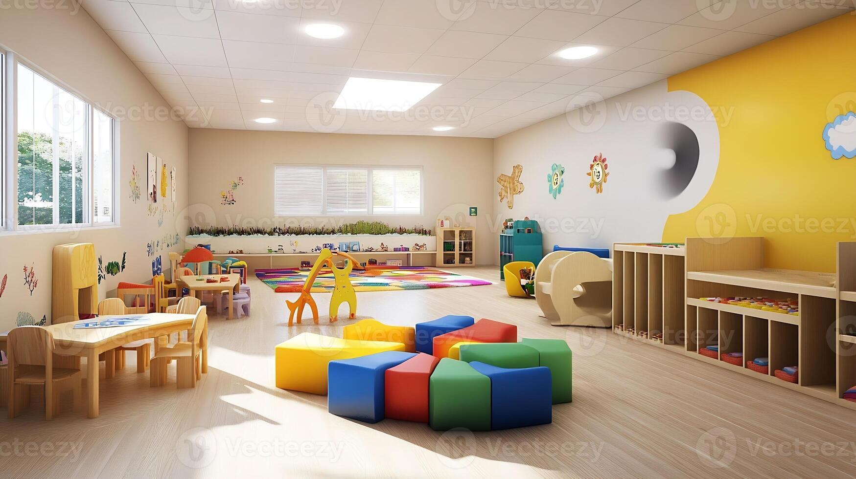 Modern and Spacious Kids Playroom With Educational Decor and Play Sets photo