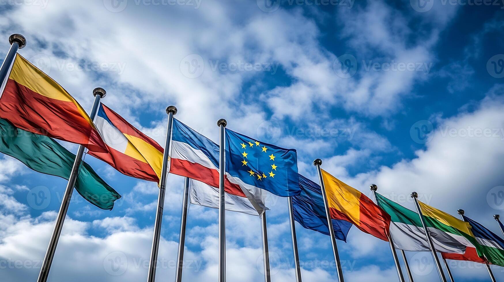 European Union Flags Waving Against Blue Sky Symbolizing Unity and Diversity photo