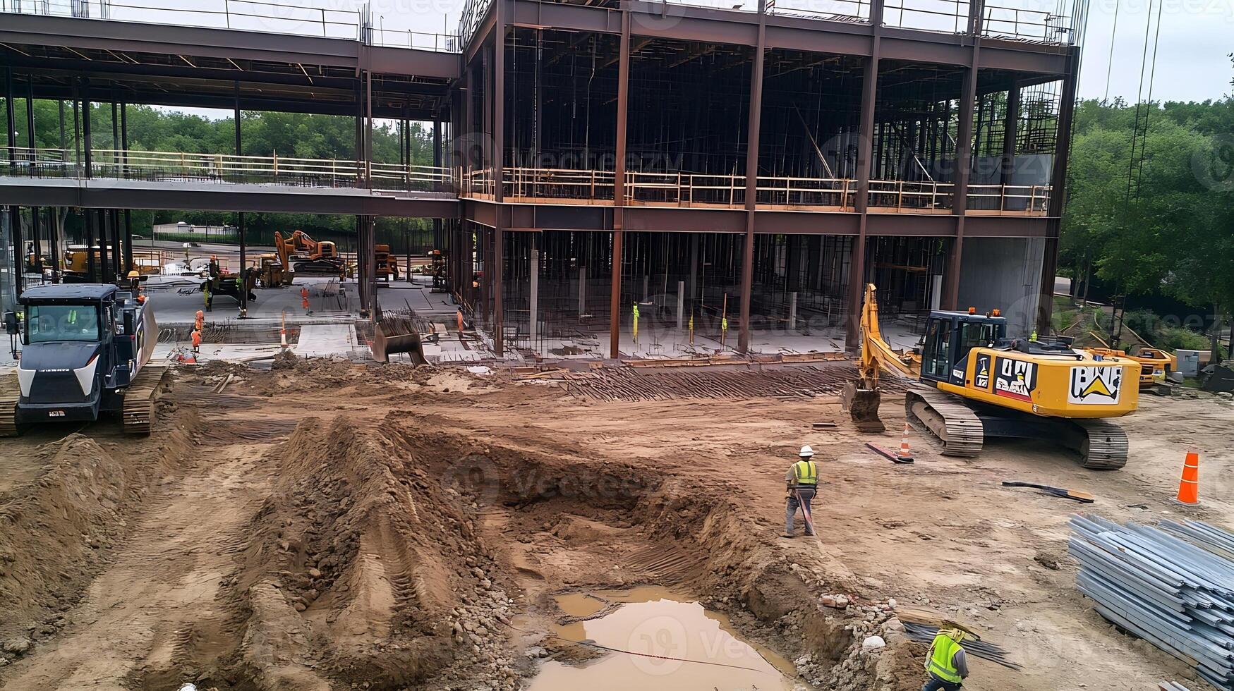 Modern Construction Site with Heavy Equipment and Steel Framework in Progress photo