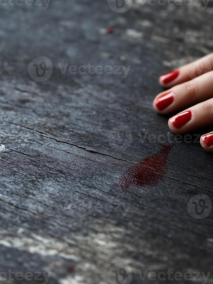 Hand with red nail polish grazed on worn wooden surface creating a mysterious scene photo