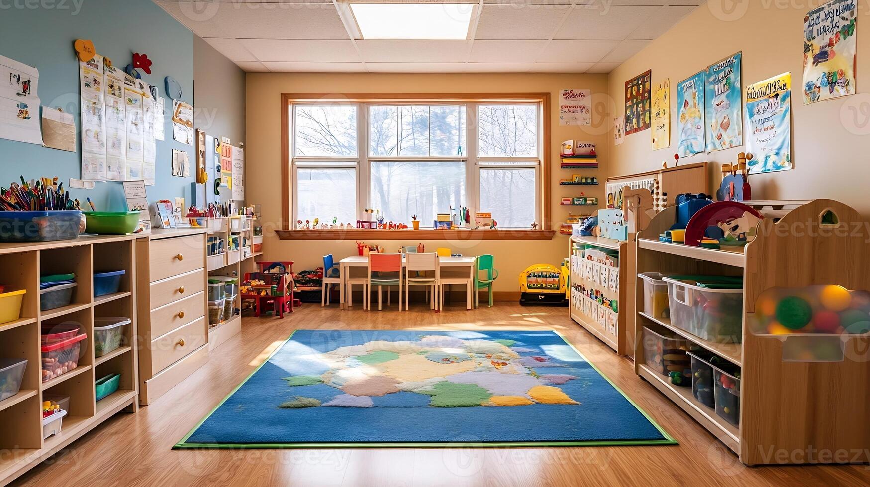 Bright and colorful preschool classroom with educational toys and art supplies photo