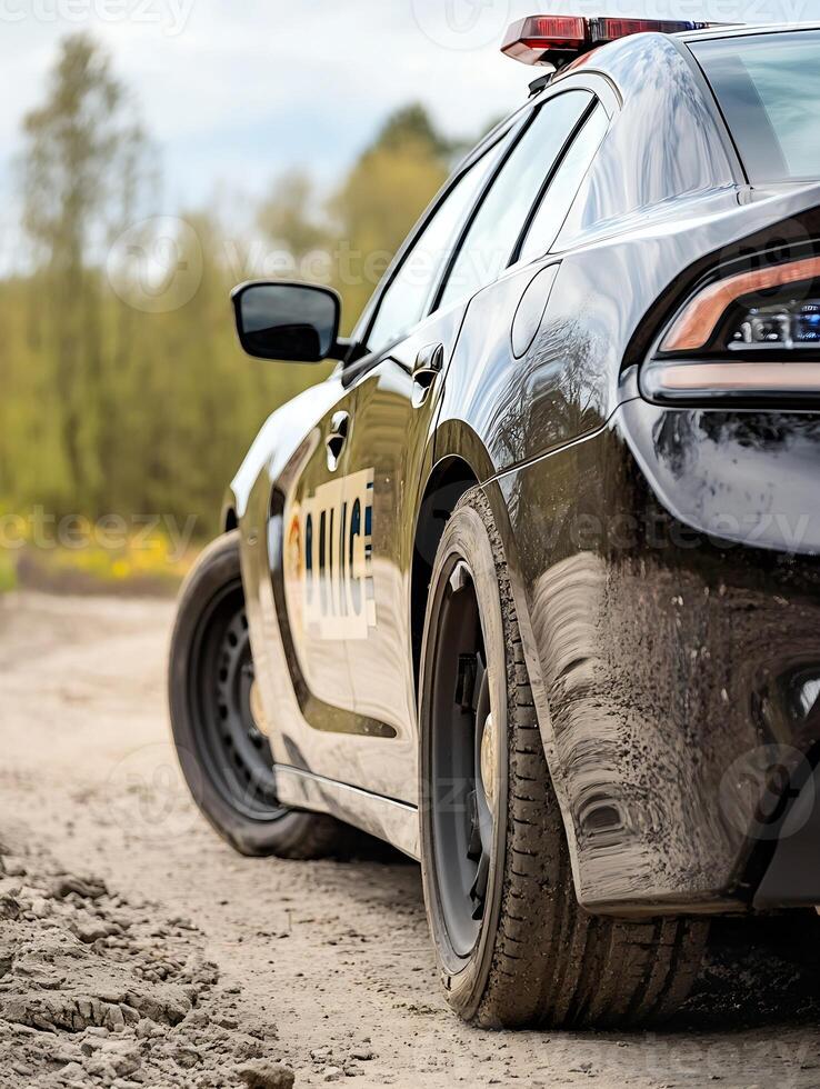 Rear view of police car with rugged tires navigating a dirt path photo