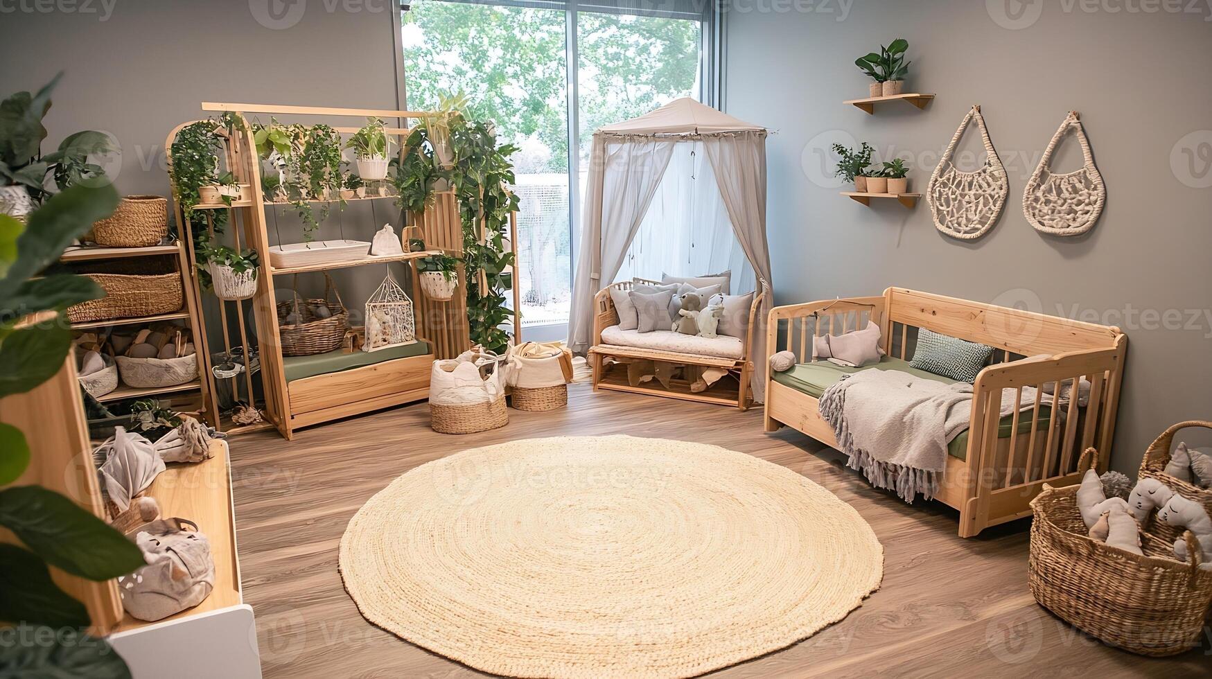 Eco-friendly nursery with wooden furniture and plants for child-friendly interior design photo
