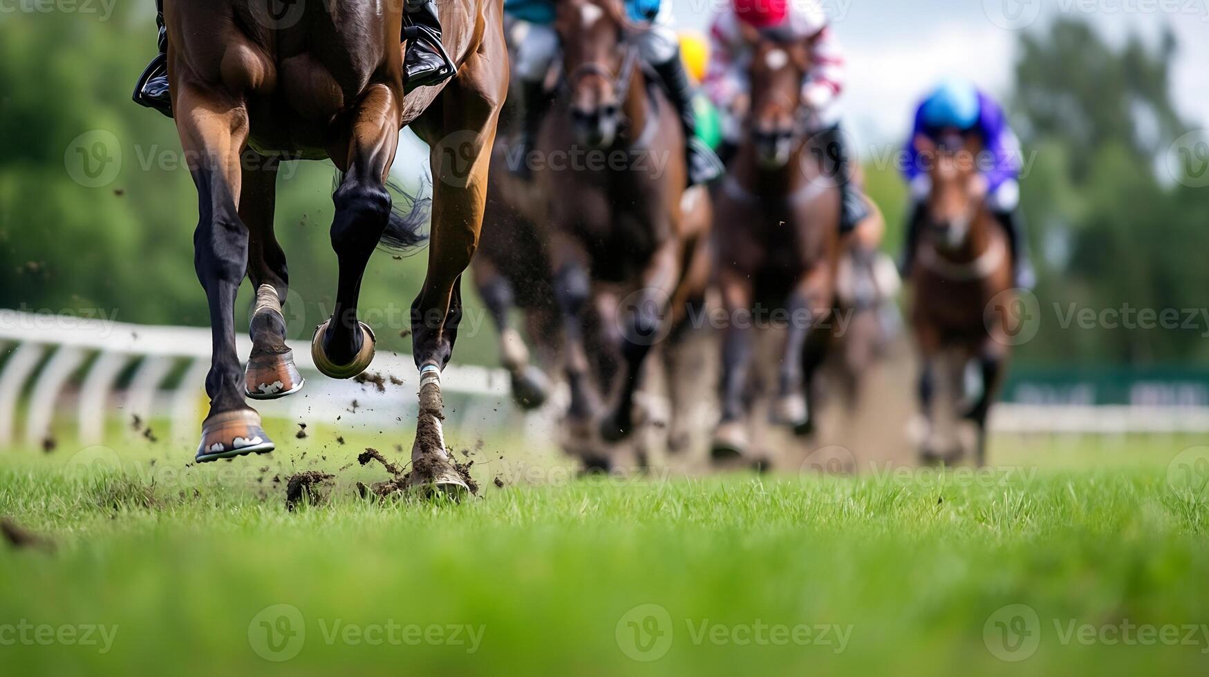 Dynamic Motion of Thoroughbred Horses Racing on Track with Blurred Photography photo