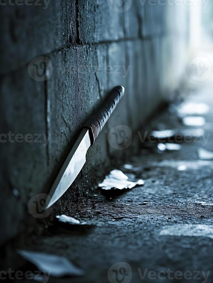 Knife resting against gritty urban wall conveying mystery and suspense photo