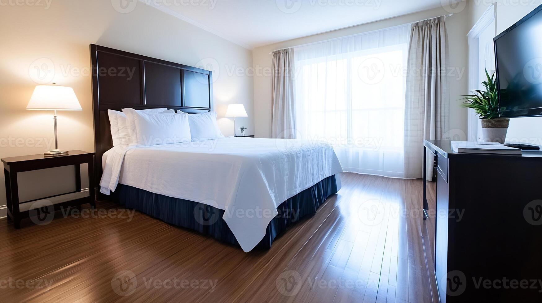 Bright Hotel Suite with Wooden Floors and White Bedding in Serene Setting photo