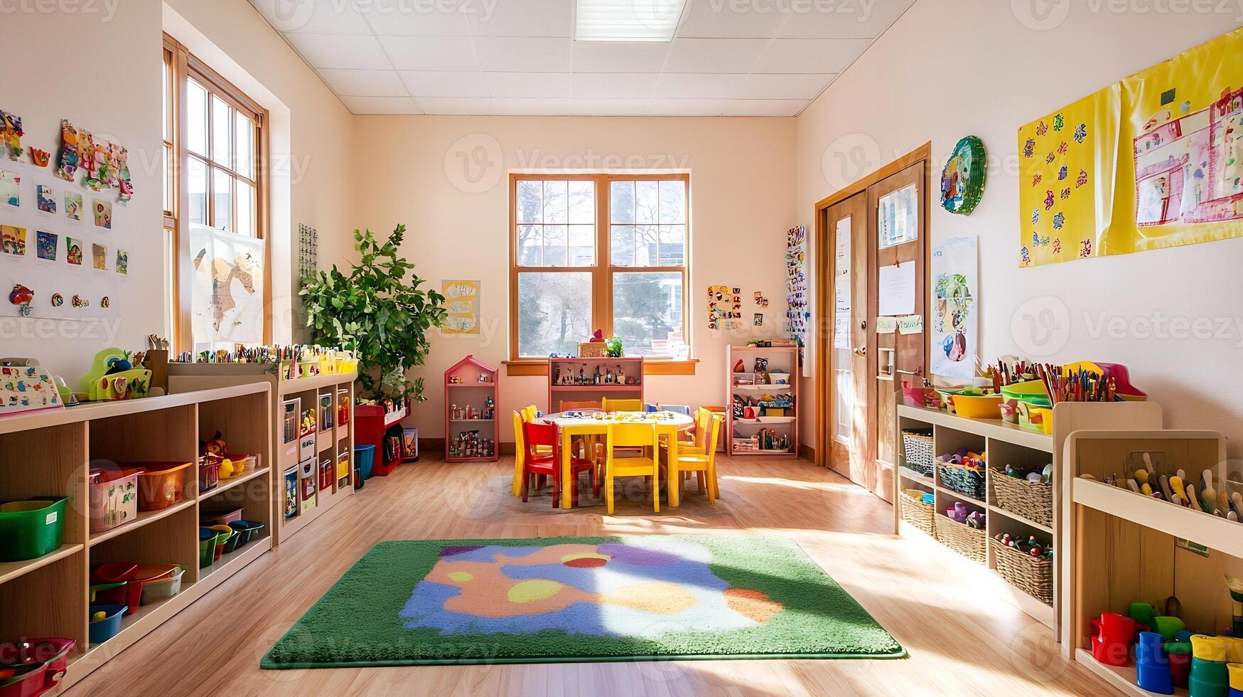 Sunny Preschool Classroom with Childrens Furniture and Art Supplies Encouraging Creative and Social Development photo