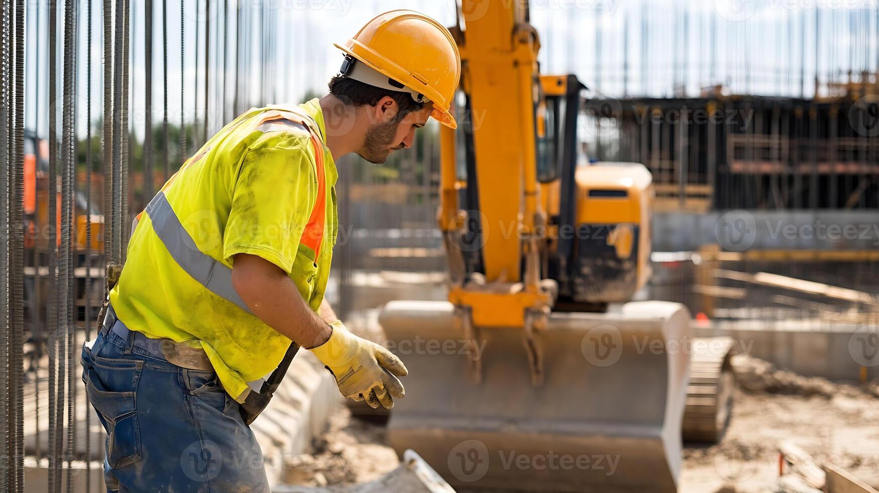 Close Up of Construction Worker at Site with Bulldozer and Reinforcement Steel in Focus photo