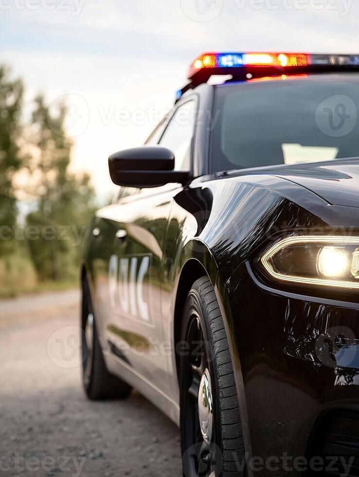Front view of a police car with headlights on at sunset in a desolate area photo