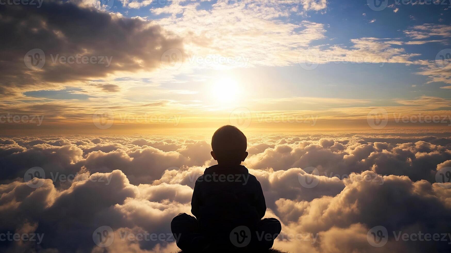 Silhouette of Child Sitting on Clouds at Sunset Serenity and Wonder photo
