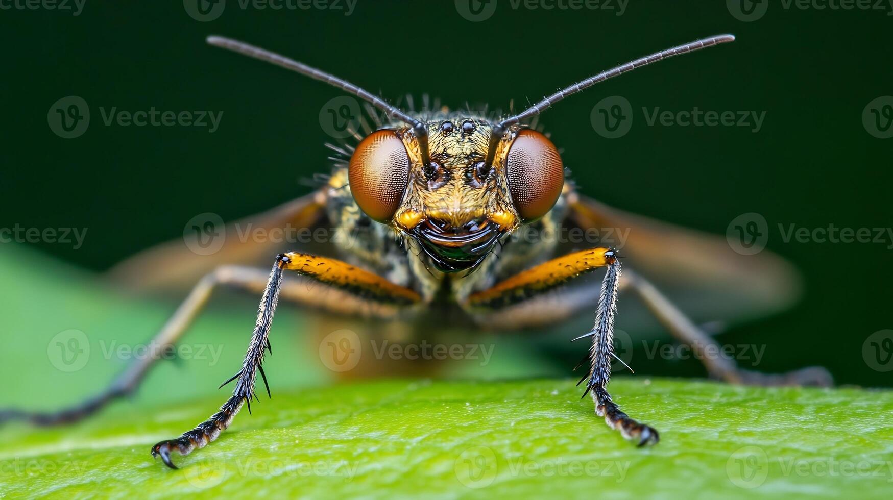 Macro Closeup of Vibrant Fly on Leaf Revealing Intricate Details of Nature's Design photo