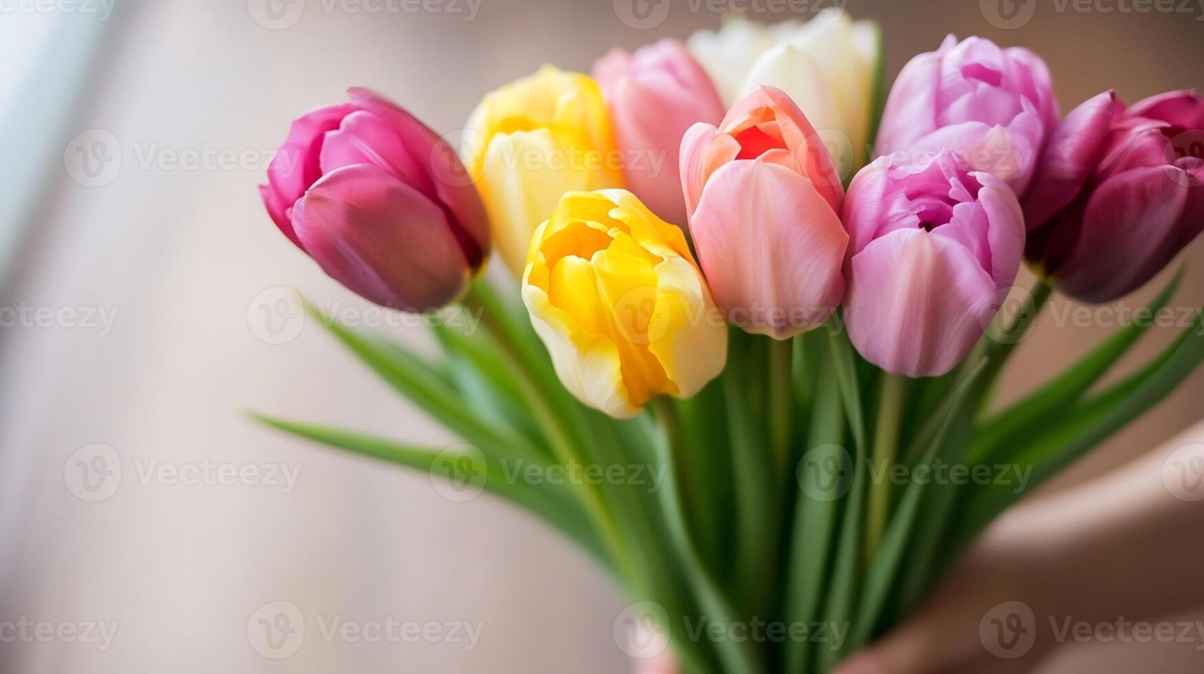 Vibrant Spring Bouquet of Multicolored Tulips Held in Hand Symbolizing Joy and New Beginnings photo