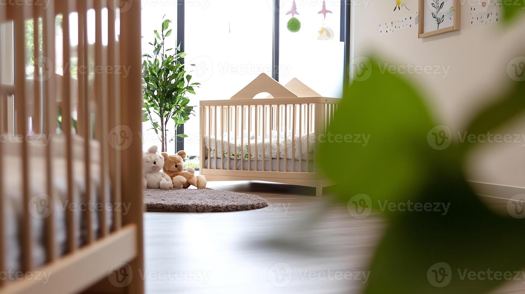 Modern Nursery with Wooden Crib and Plush Toys by Bright Window photo