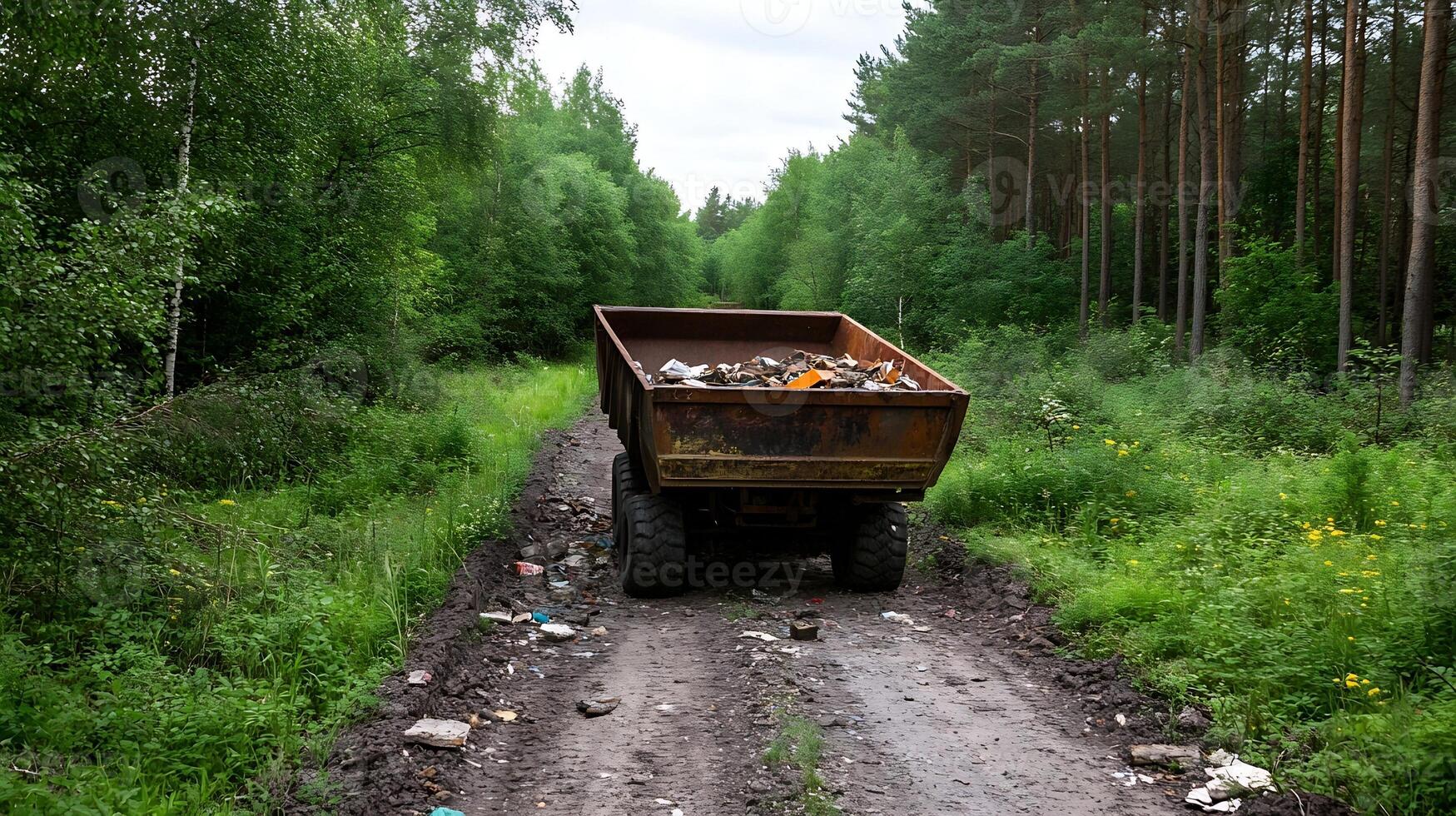 Rustic Dump Truck Hauling Trash Through Dense Green Forest Pathway photo