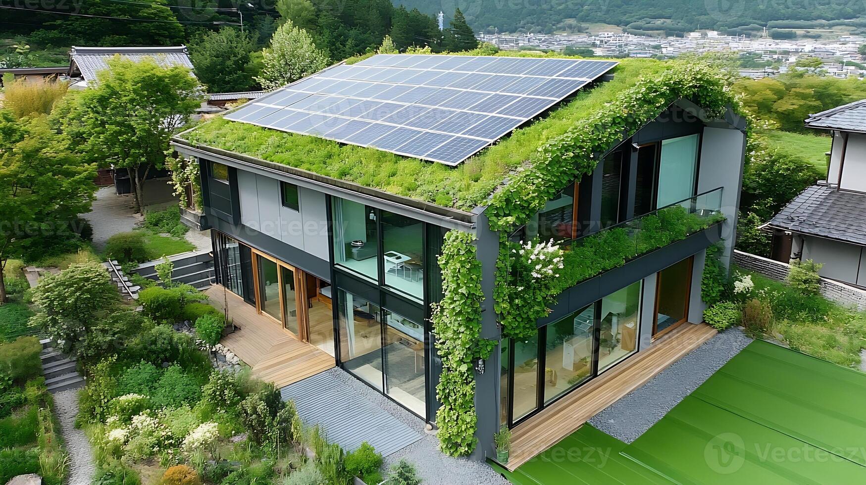 Modern Sustainable Home with Green Roof and Solar Panels photo