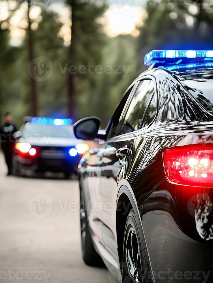 Police Cars with Flashing Lights on Forest Road at Dusk Creating Dramatic Scene photo