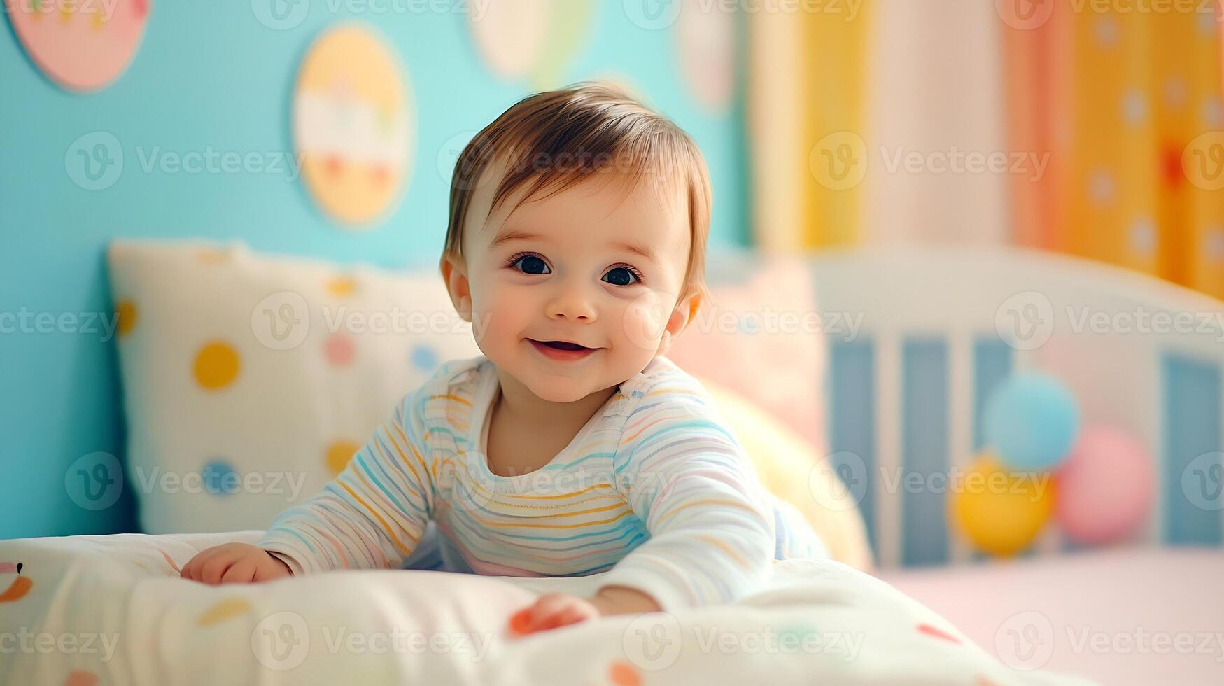 Cute Baby Crawling in a Playful Pastel-Themed Nursery Room photo