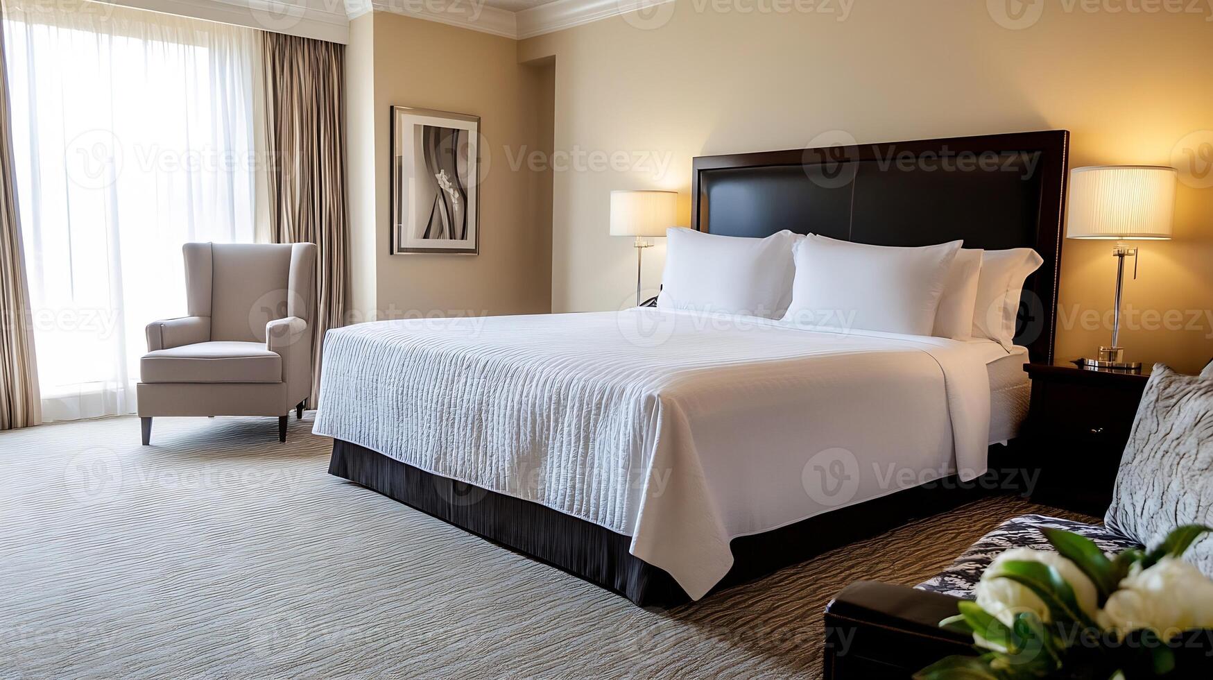 Elegant Hotel Bedroom with Plush Bedding and Natural Light Through Large Windows photo