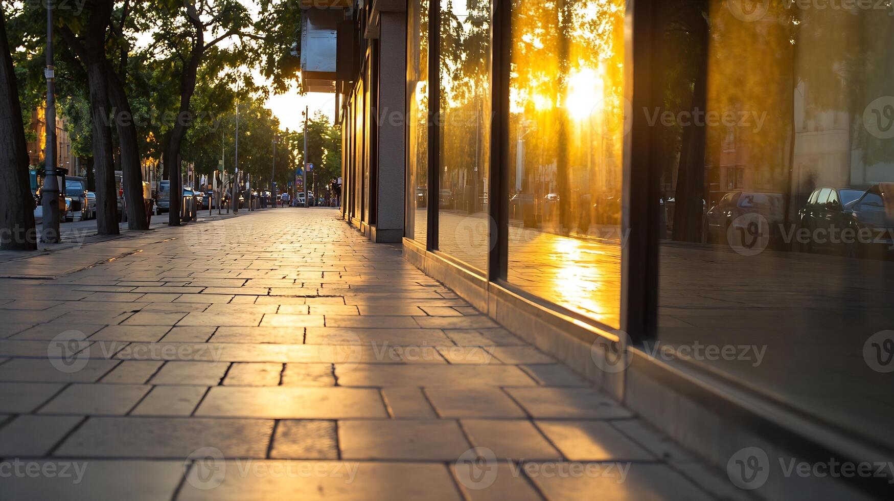 Sunset Reflections on Quiet Urban Street with Empty Sidewalks and Trees photo
