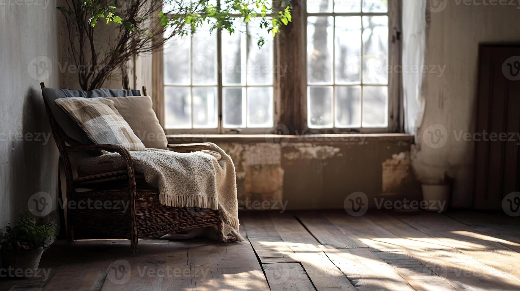 Rustic Sunlit Rustic Room with Wooden Floors and Tranquil Vintage Decor photo