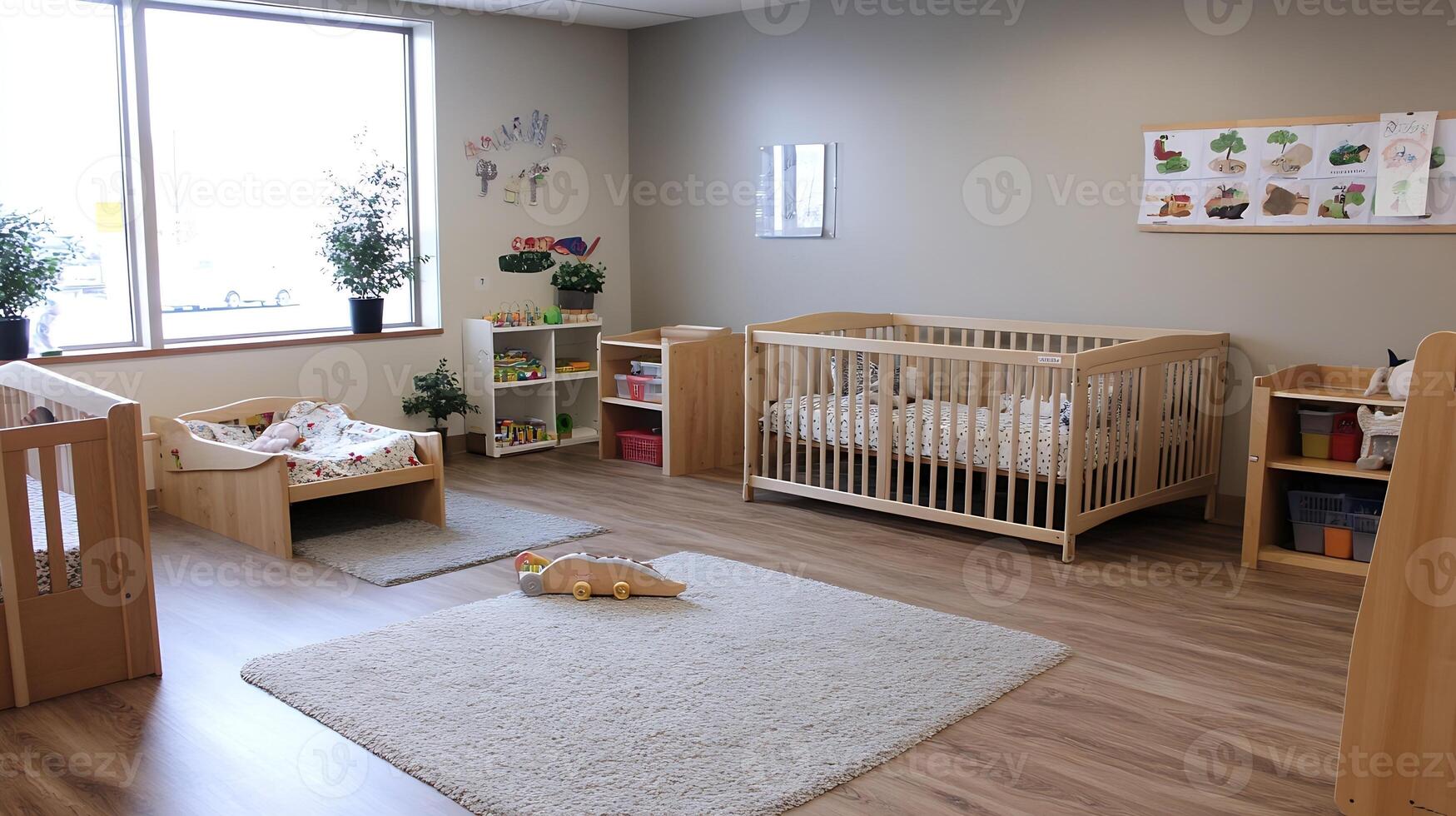 Modern nursery design with wooden furniture and bright natural light creating a warm and inviting space photo