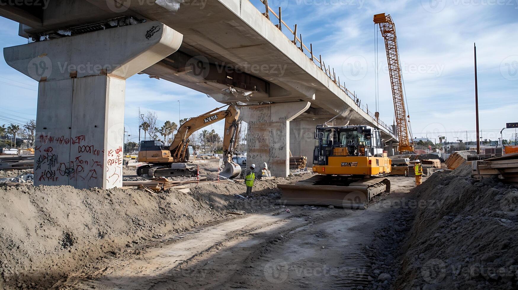 Urban Bridge Construction Project with Heavy Machinery and Structural Development photo