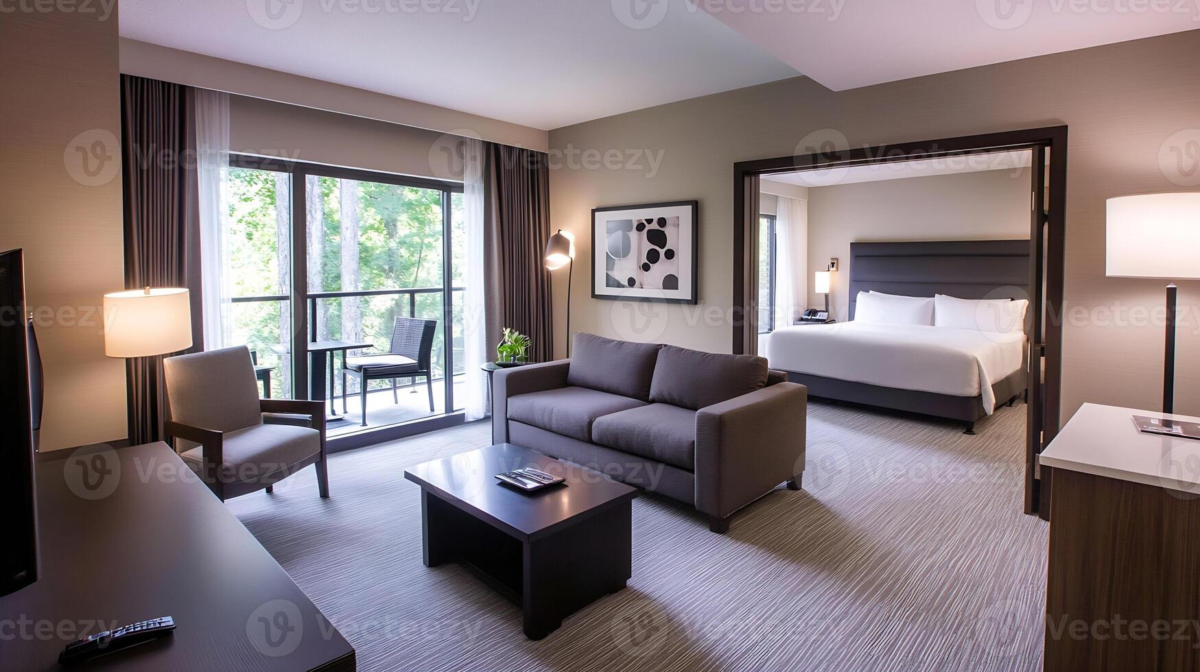 Contemporary Hotel Suite With Comfortable Seating and Balcony With Scenic View photo