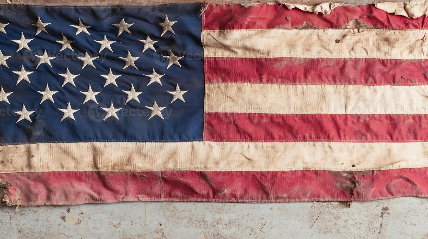 Weathered American flag waving gently in nostalgic rustic setting photo