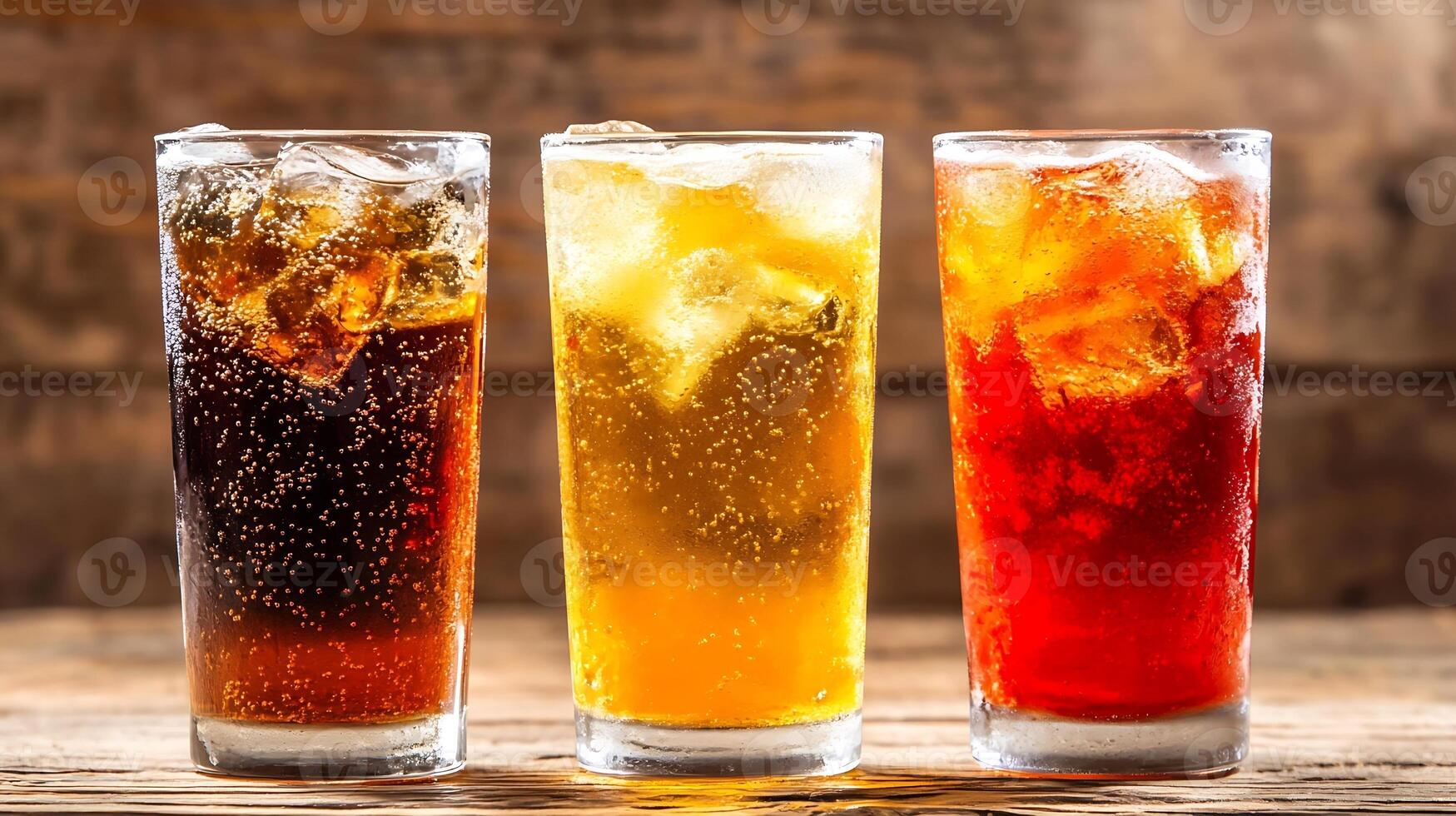 Refreshing Fizzy Drinks in Glasses with Ice Cubes on Rustic Wooden Table photo