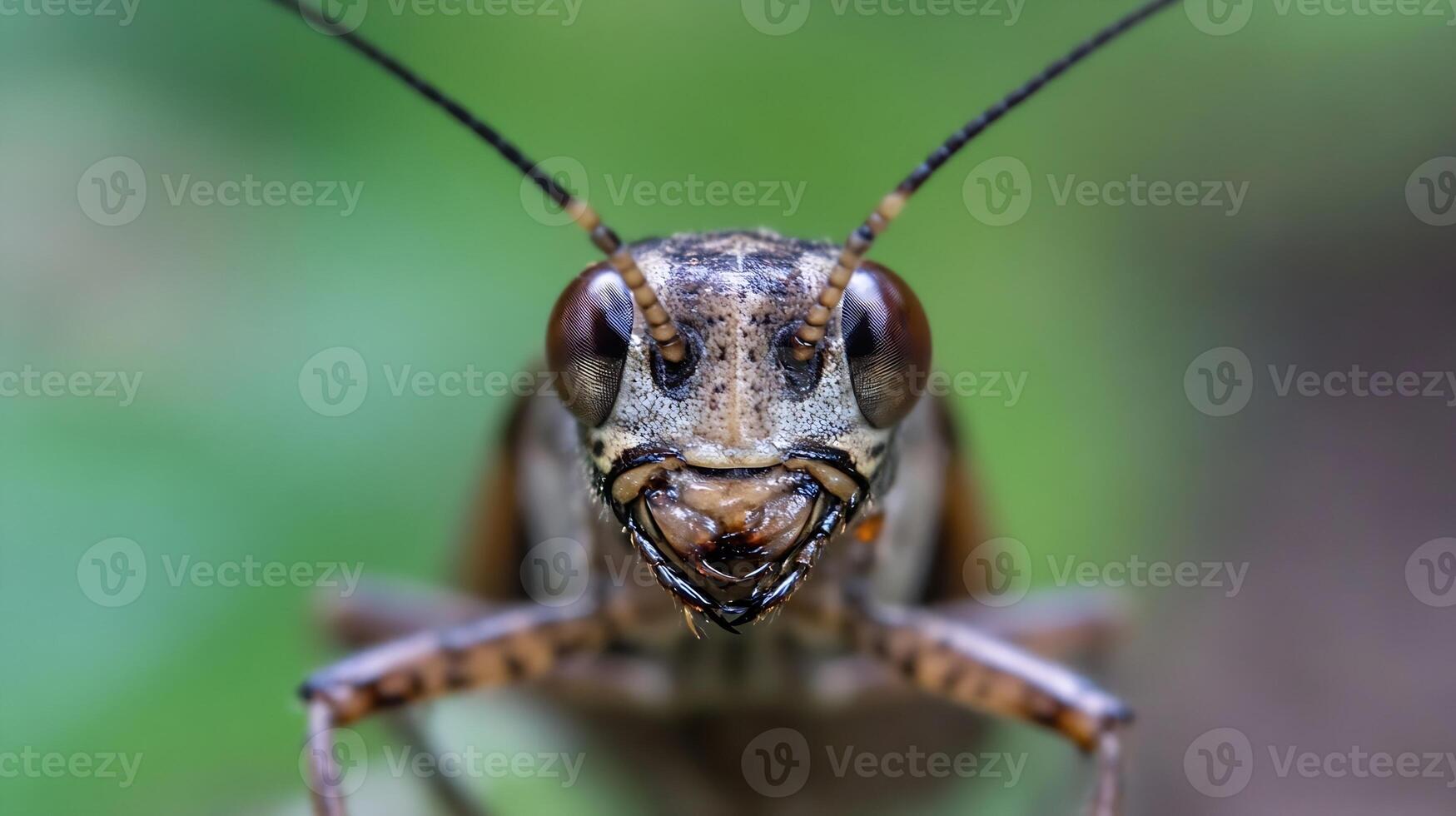 Detailed macro shot of a grasshopper face showing intricate patterns and textures photo