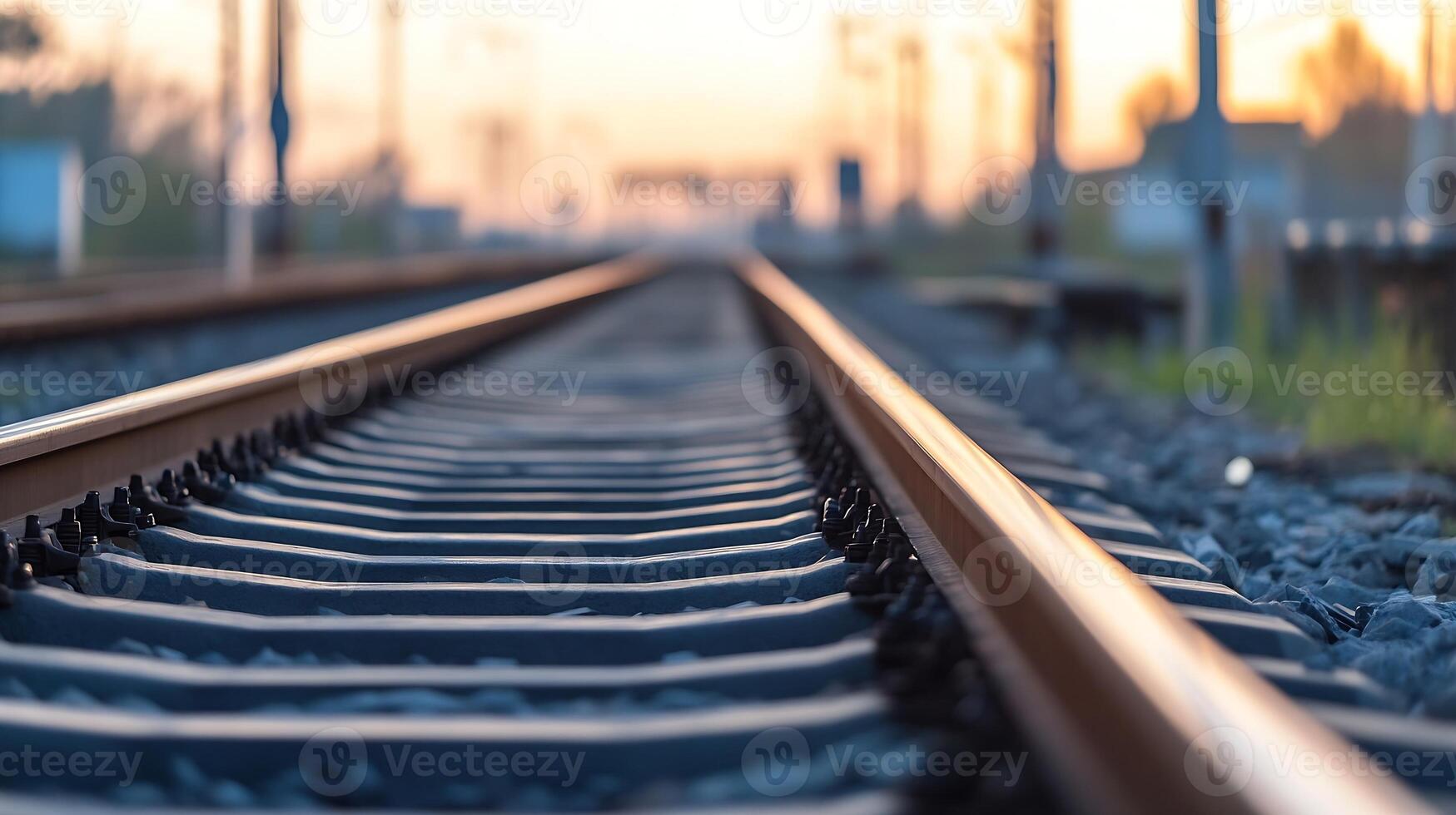 Close-Up Perspective of Railway Tracks at Sunrise for Transportation and Travel photo