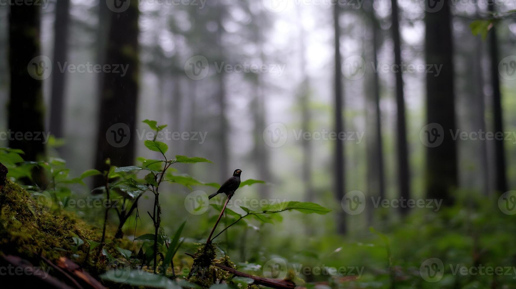 Serene forest atmosphere with misty backdrop and small foliage capturing tranquil nature photo