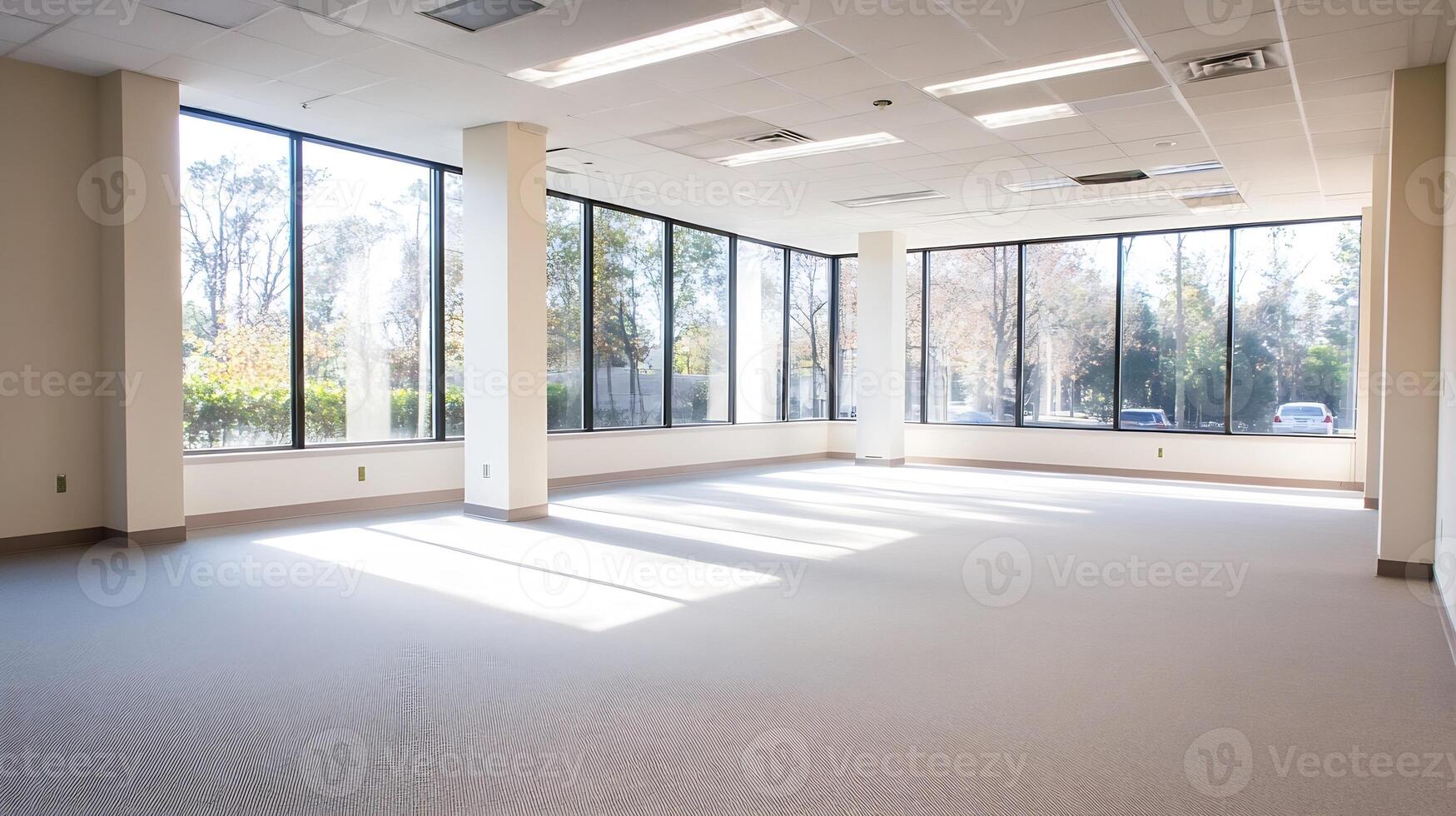 Bright Empty Office Space with Large Windows and Natural Light Flooding In photo