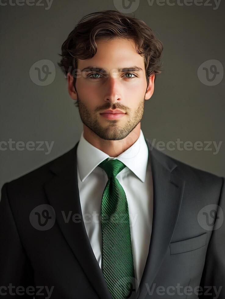 Confident Businessman In Green Tie Against Blurred Gray Background photo