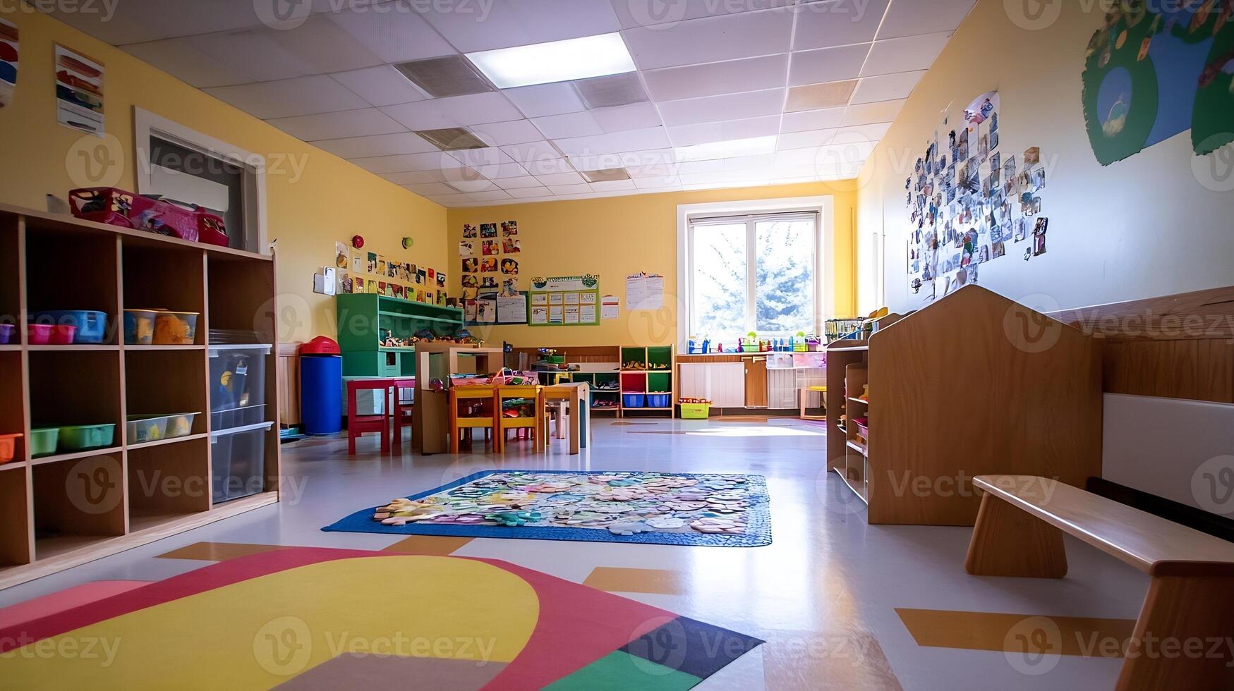 Empty Kindergarten Classroom with Learning Toys and Decorations Bright and Welcoming photo