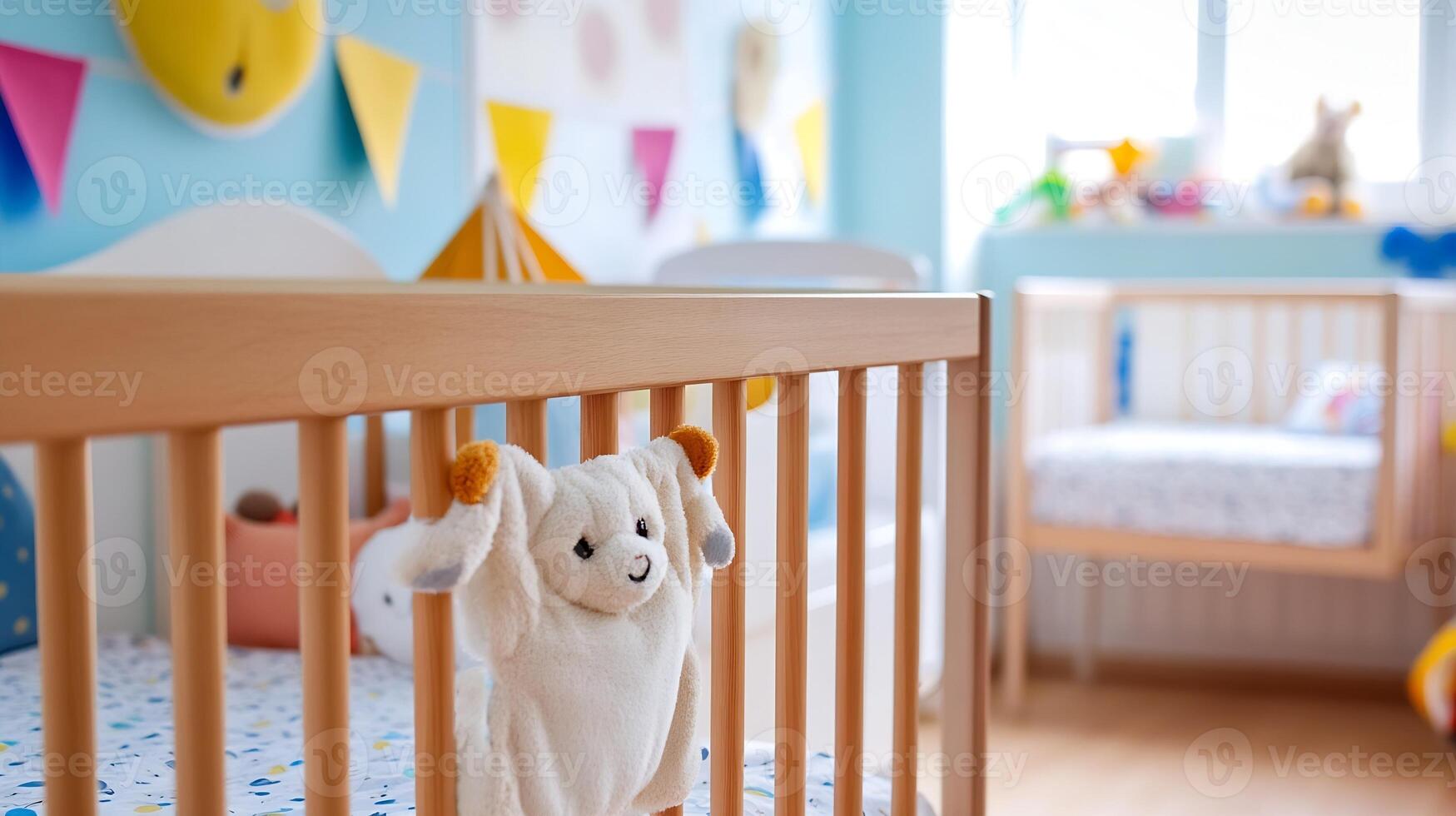 Adorable and Cheerful Baby Nursery with Soft Toys and Colorful Decorations photo