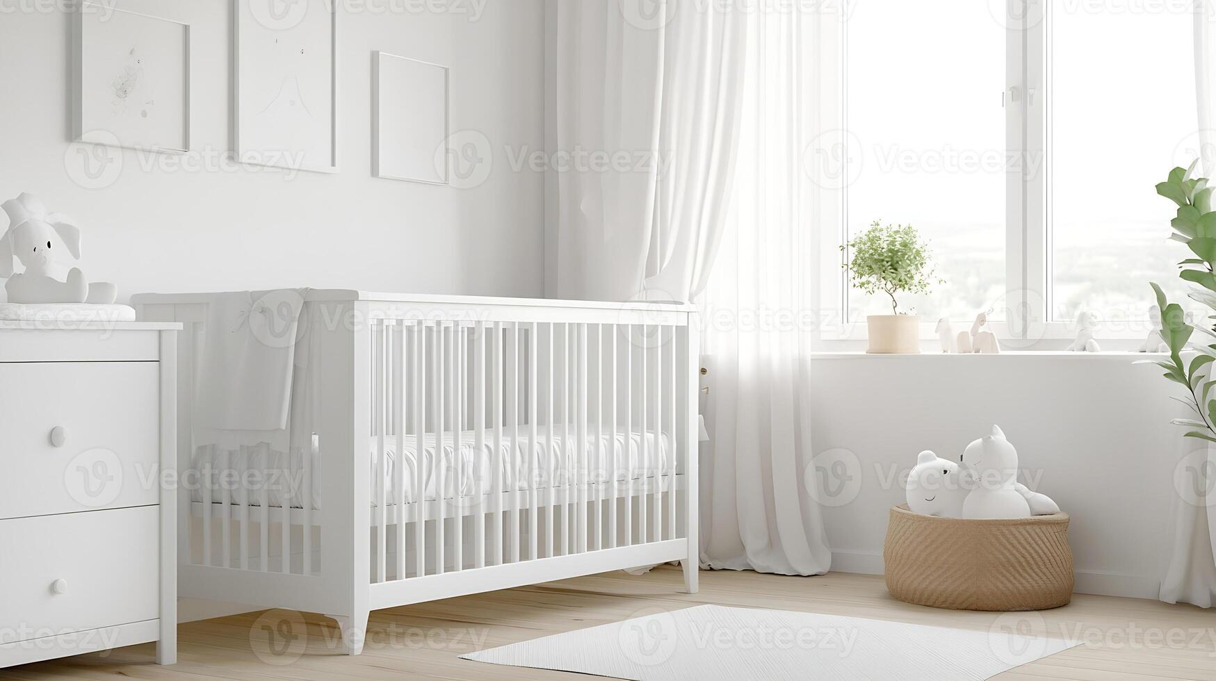 Minimalist White Nursery with Modern Crib and Natural Light from Large Window photo