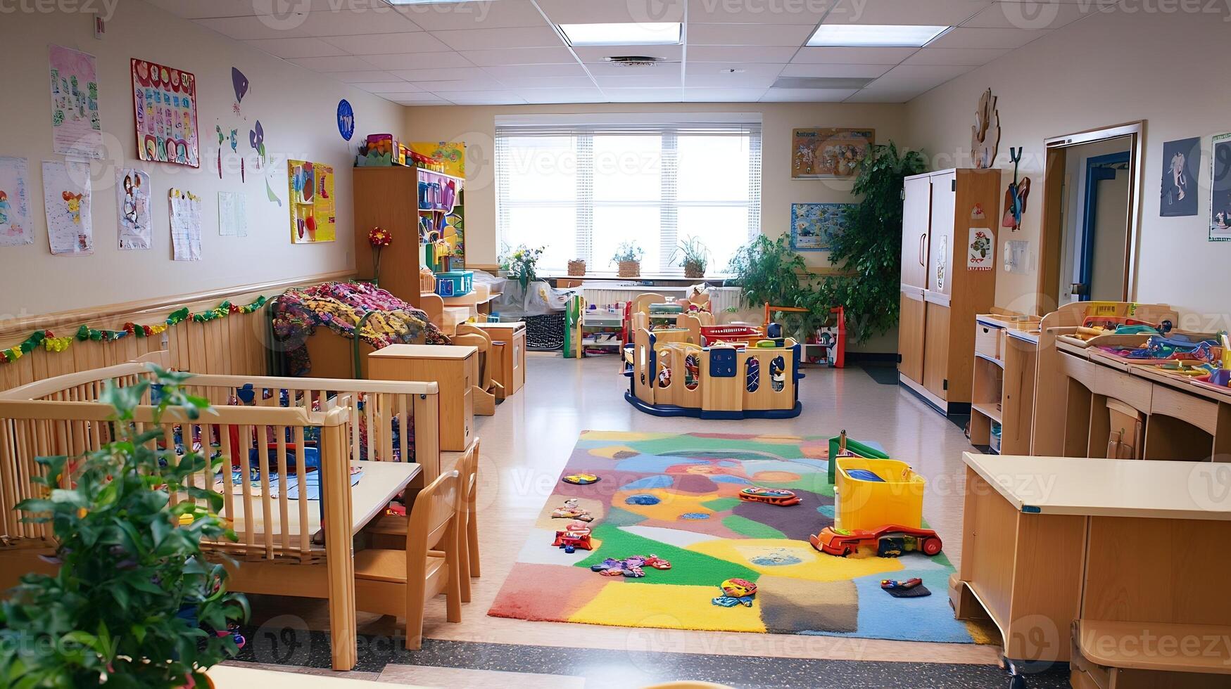 Bright and organized daycare interior with play areas and educational decorations photo
