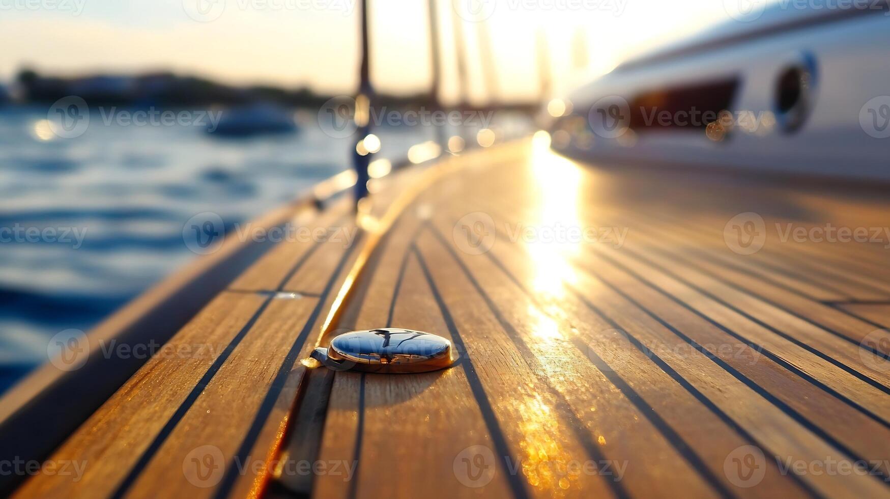 Sunset reflecting off polished yacht deck with serene ocean background photo