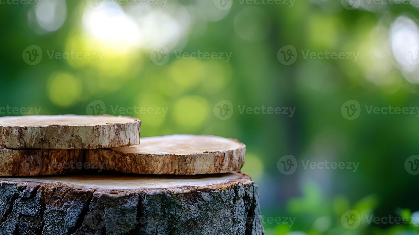 Rustic Wooden Tree Slices against Soft Bokeh Background in Nature photo