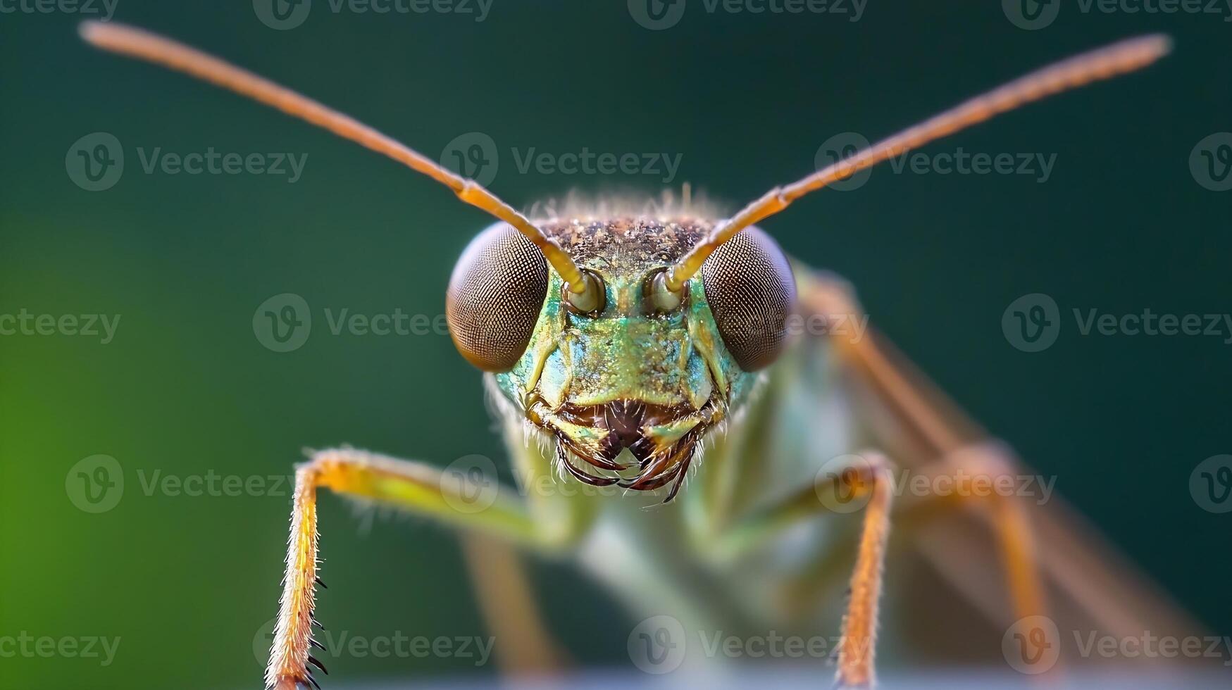 Intricate Macro Shot of Green Mantidfly Insect with Prominent Eyes and Antennae photo