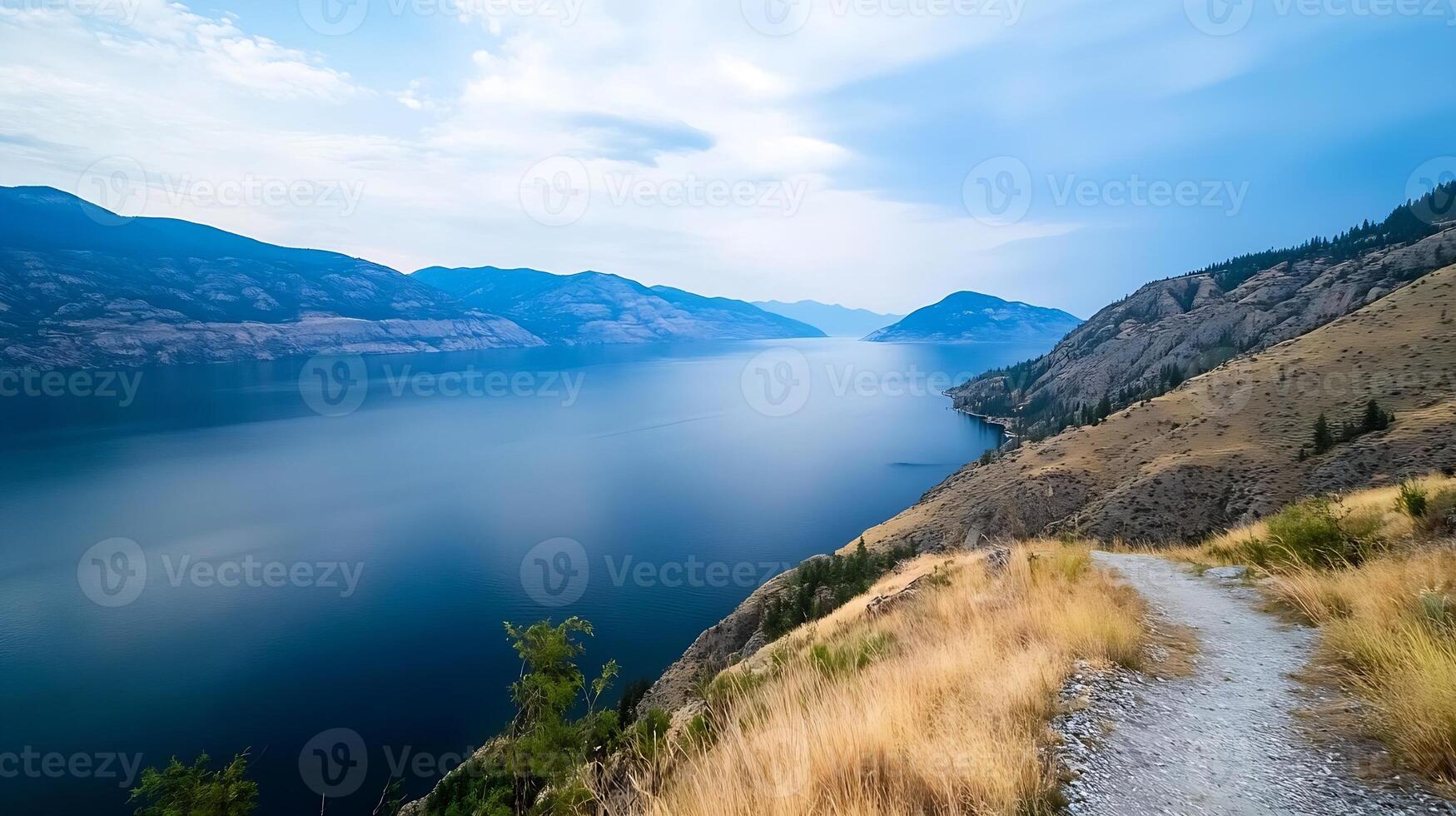 Serene Lake View with Mountain Backdrop and Cloudy Sky photo