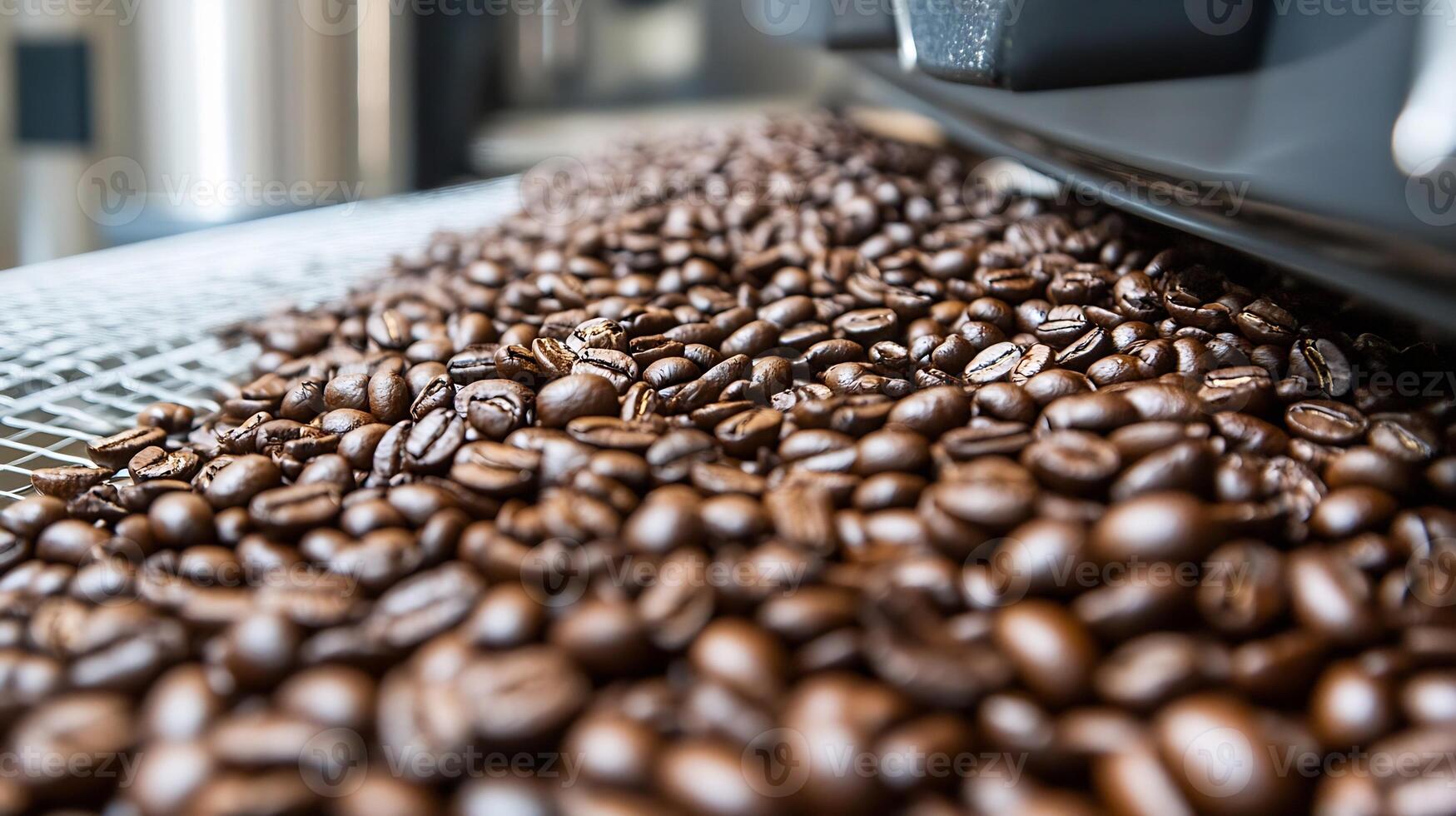 Close Up of Fresh Roasted Coffee Beans on Conveyor Belt in Modern Roasting Facility photo