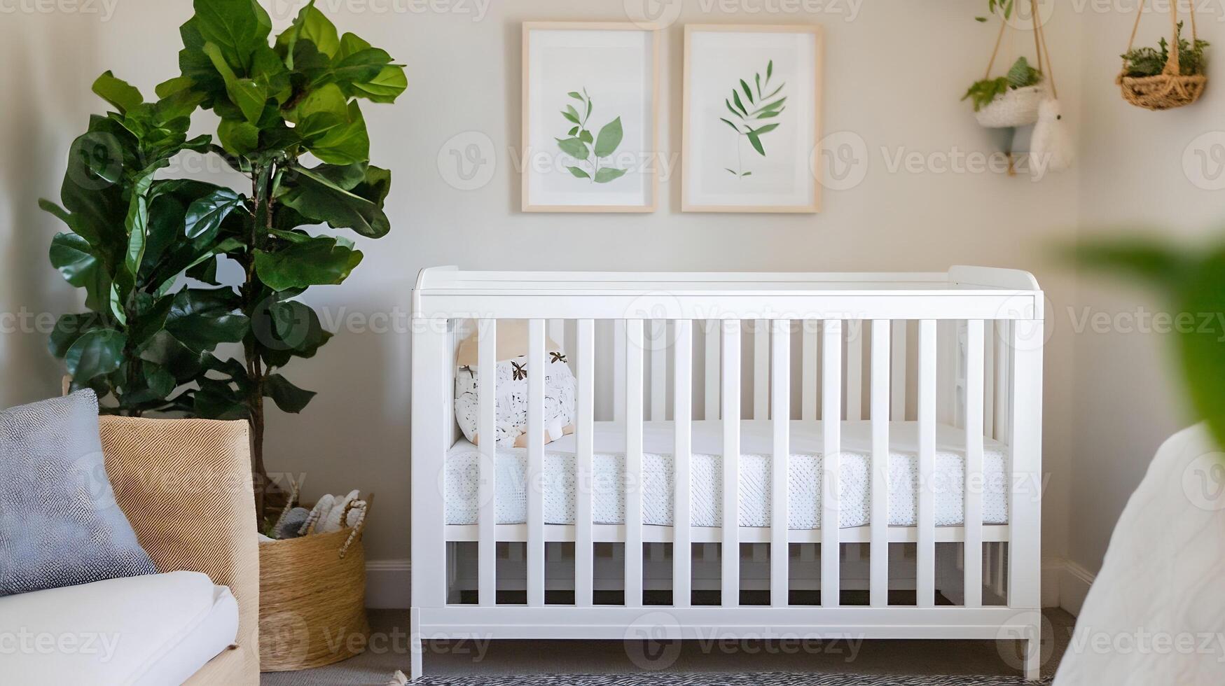 Modern Elegant Nursery Design Featuring White Crib with Leaf Decor and Cozy Ambiance photo