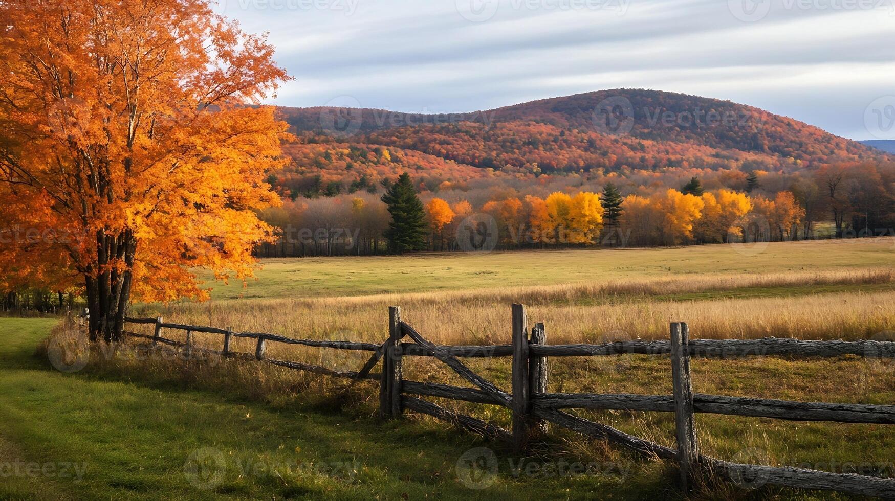 Idyllic Autumn Countryside View with Vibrant Foliage and Rustic Fence photo