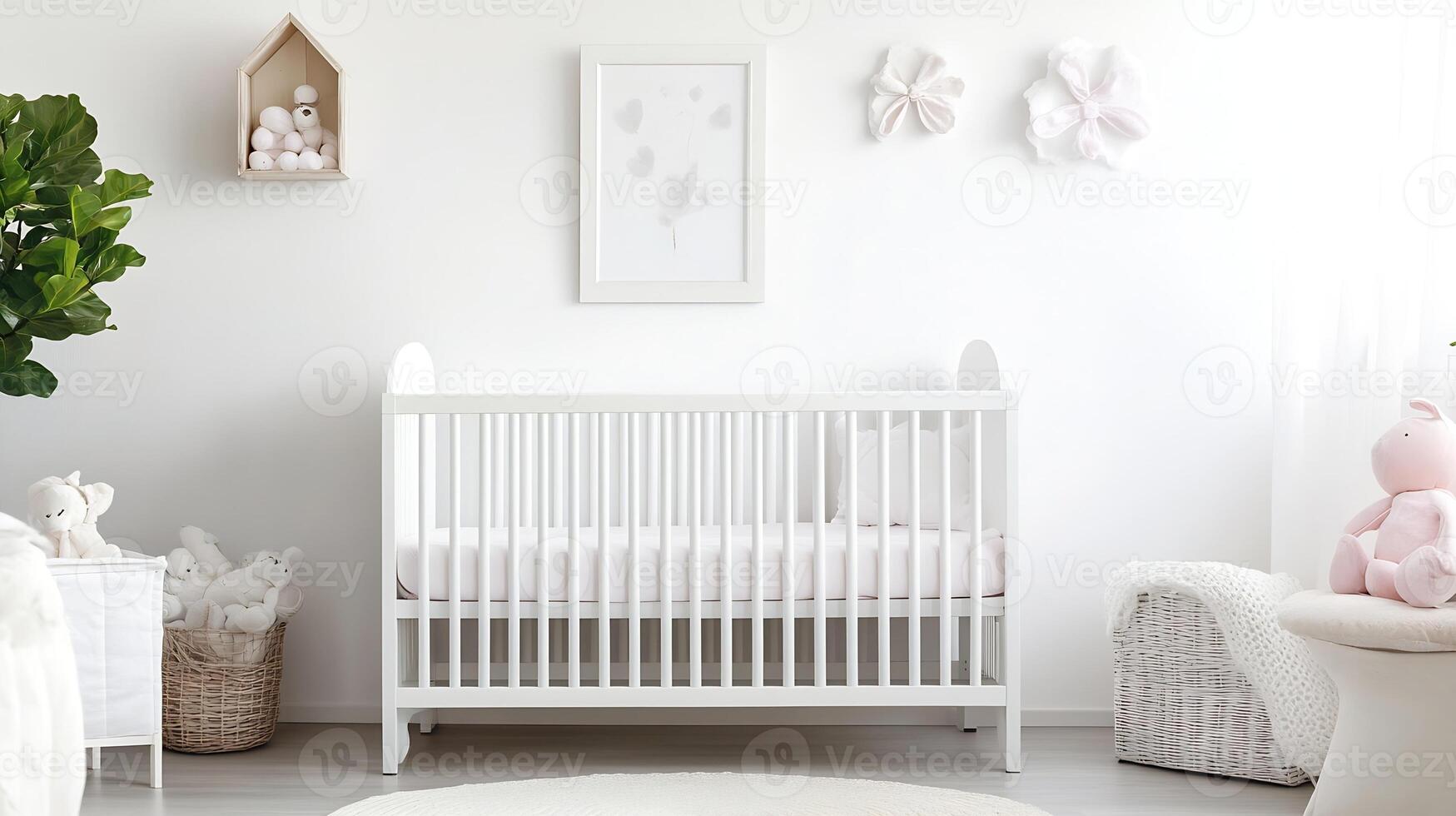 Minimalist White Nursery Design with Crib Wall Art and Soft Toy Accents photo